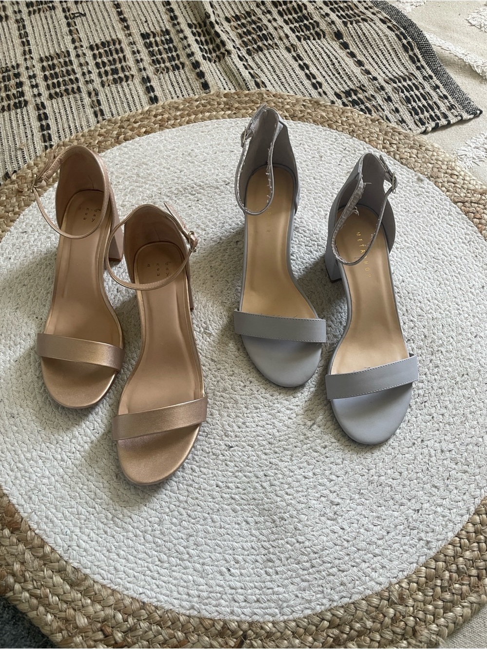 Ankle Strap Block Heel Sandals in Rose Gold and Light Gray